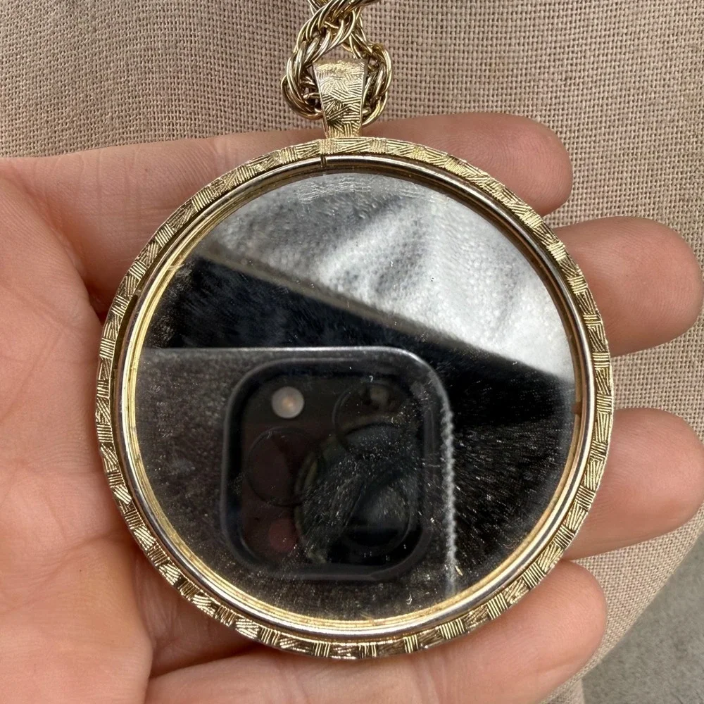 Vintage Estate Mirror Necklace Gold Tone Enamel Reversible 32